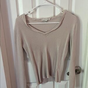 Zara Beige Ribbed V-Neck Top